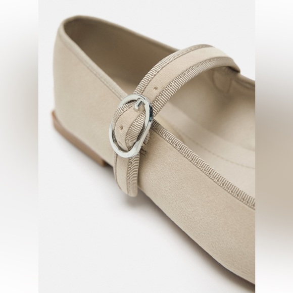 Zara Flat ballet Velvet Mary Jane Shoes Buckled strap comfort Sole Taupe Neutral - Picture 10 of 15